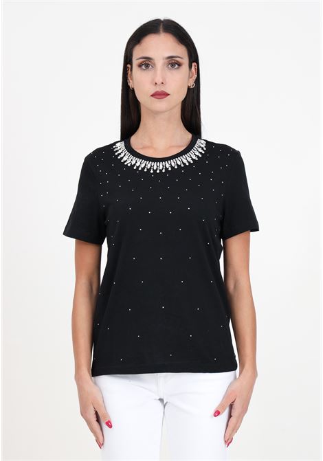 Black women's t-shirt with cascade of stones and rhinestones ONLY | 15315522Black