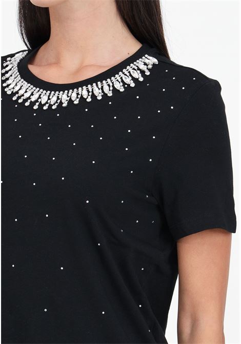 Black women's t-shirt with cascade of stones and rhinestones ONLY | 15315522Black