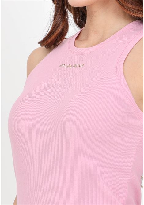 Women's pink orchid ribbed lettering logo top PINKO | 100822-A15EN98