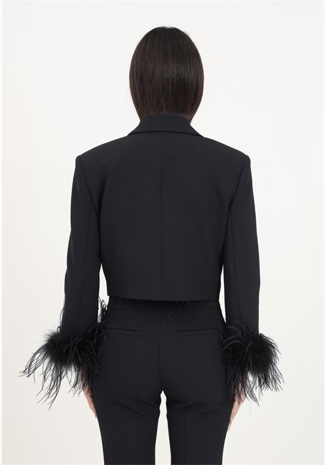 Elegant black cropped limousine women's jacket with feather cuffs PINKO | 102865-A1JXZ99