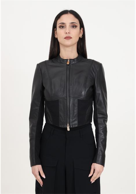 Women's short black limousine biker jacket in leather and fabric PINKO | 103010-A1KBZ99