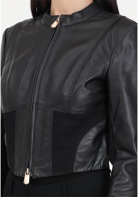 Women's short black limousine biker jacket in leather and fabric PINKO | 103010-A1KBZ99