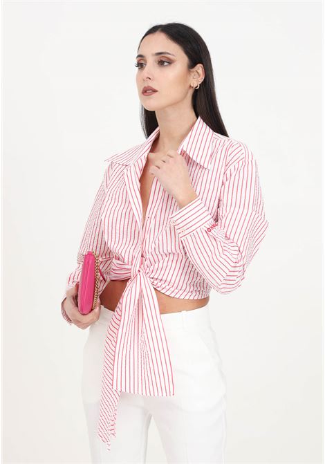 Short women's seersucker shirt with white and red stripes PINKO | 103061-A1O9ZR2