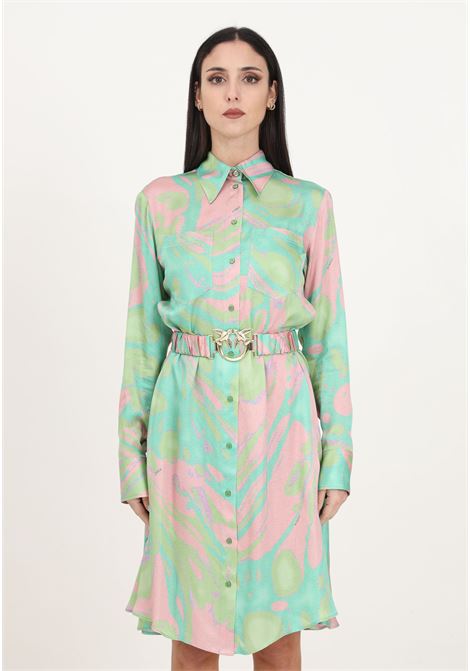 Women's satin shirt dress with green/pink multicolored splash print PINKO | 103084-A1PESN2