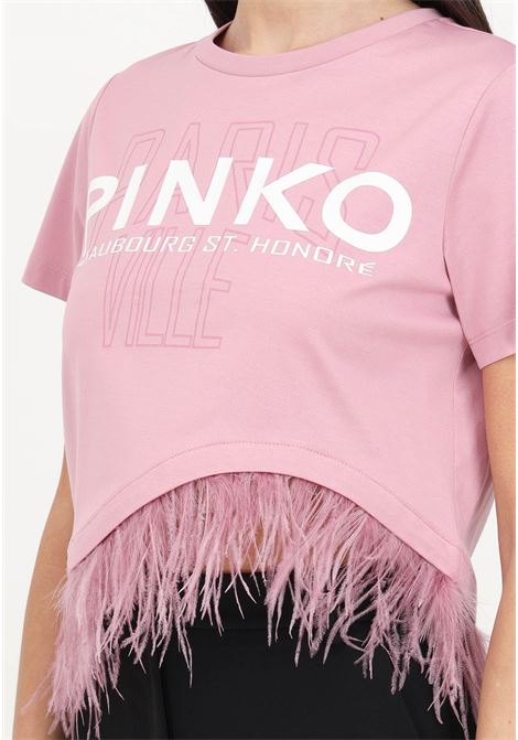 Pinko cities orchid pink women's t-shirt with feathers PINKO | 103130-A1LVN98