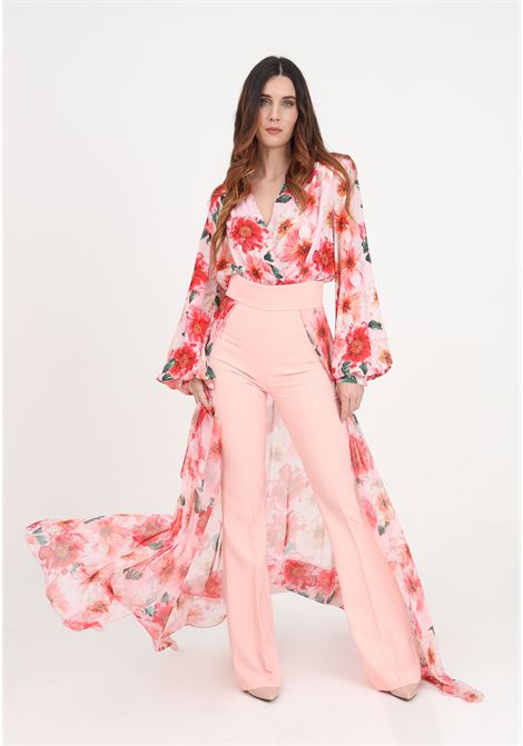 Women's pink trousers with floral print veils S#IT | SH24027ROSA-PEONIA