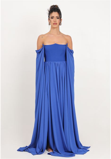 Long blue women's dress with sheer sleeves SANTAS | SPV24001BLU
