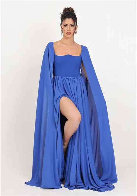 Long blue women's dress with sheer sleeves SANTAS | SPV24001BLU