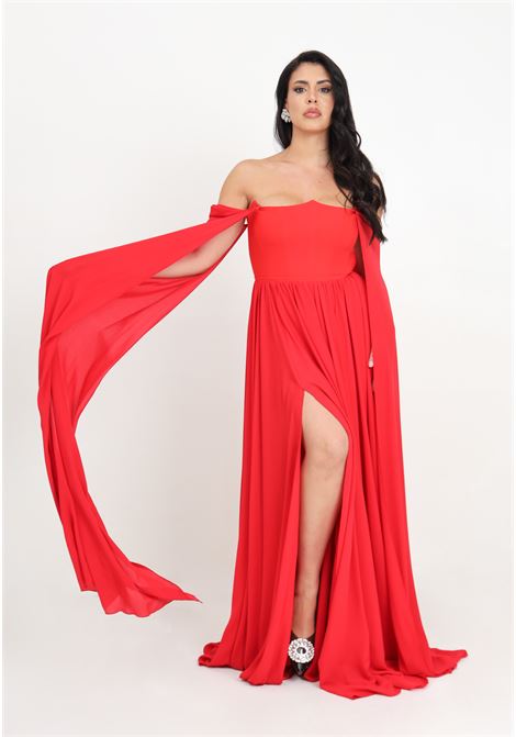 Long red women's dress with sheer sleeves SANTAS | SPV24001ROSSO